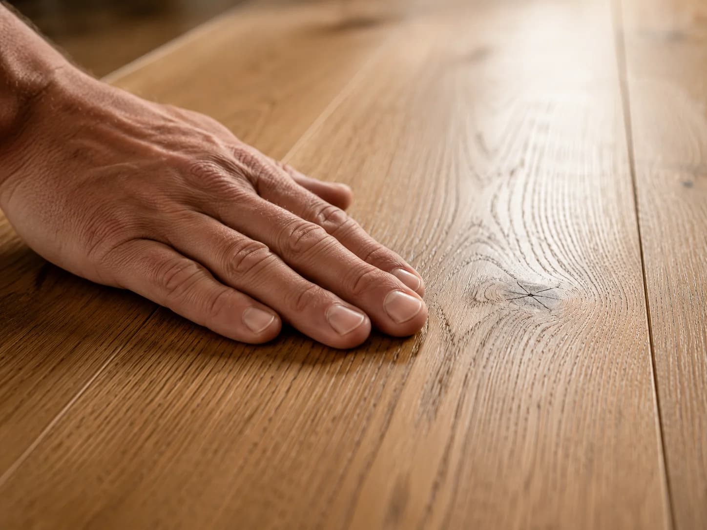 Vakman strijkt over een handgeschuurde eiken plank
