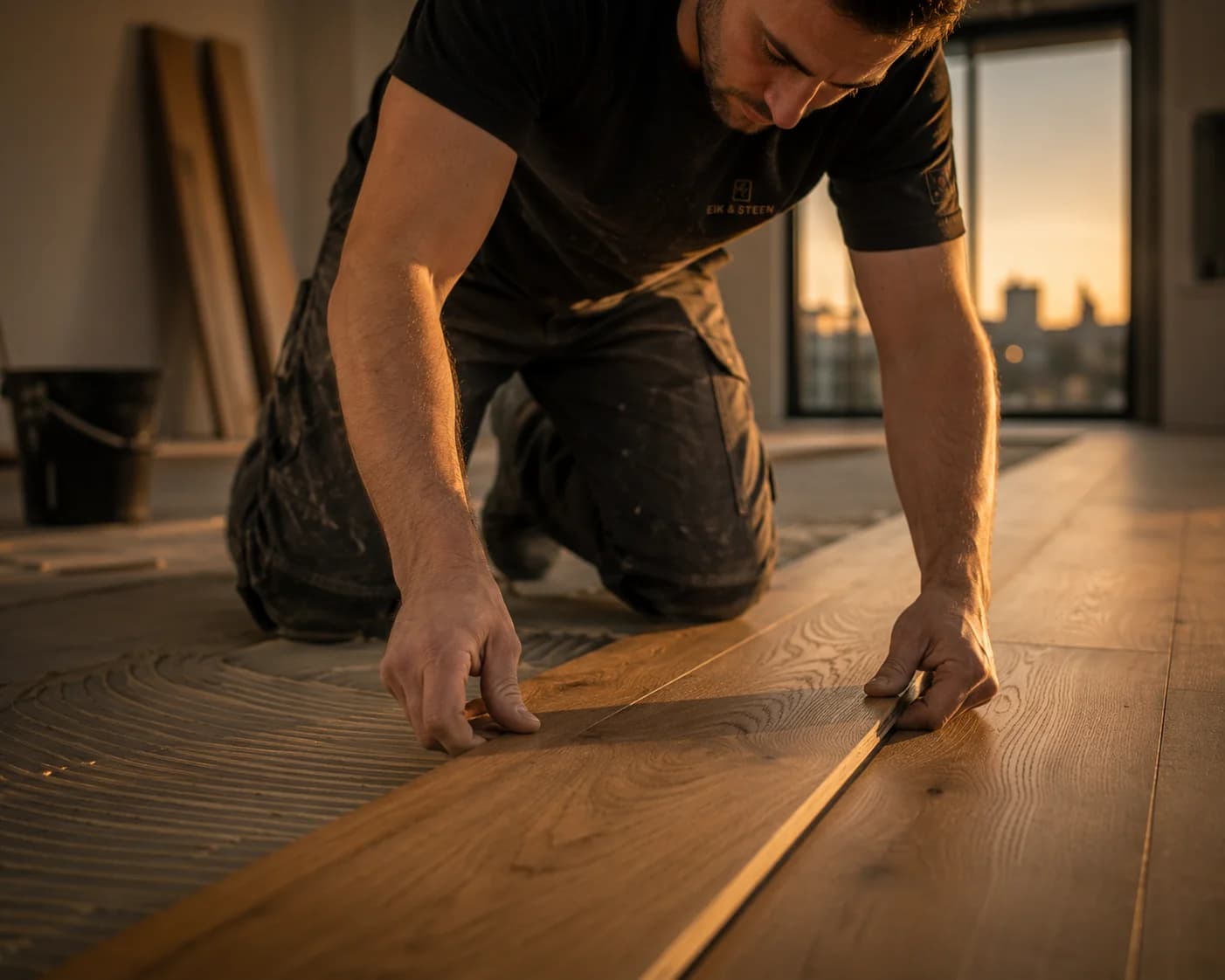 Vakman geconcentreerd aan het werk met houten vloerplanken